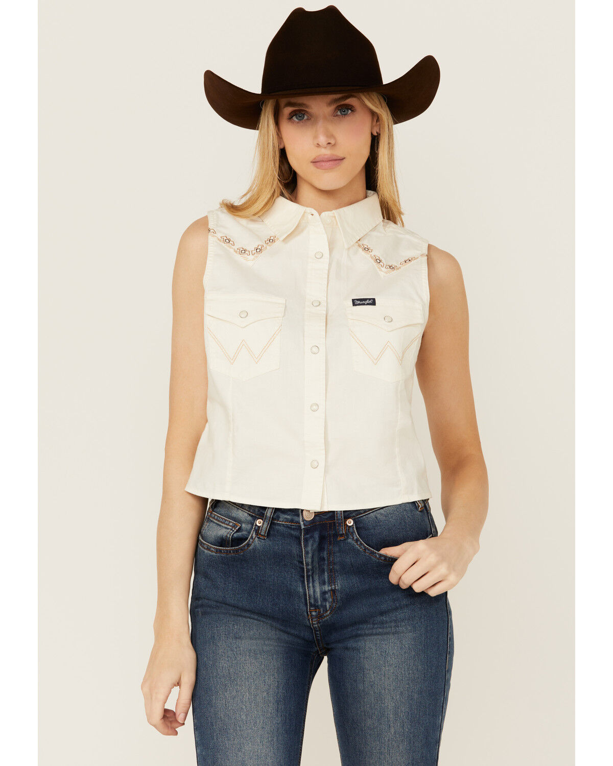 Image #2 - Wrangler Retro Women's Embroidered Sleeveless Snap Western Shirt, Cream, hi-res