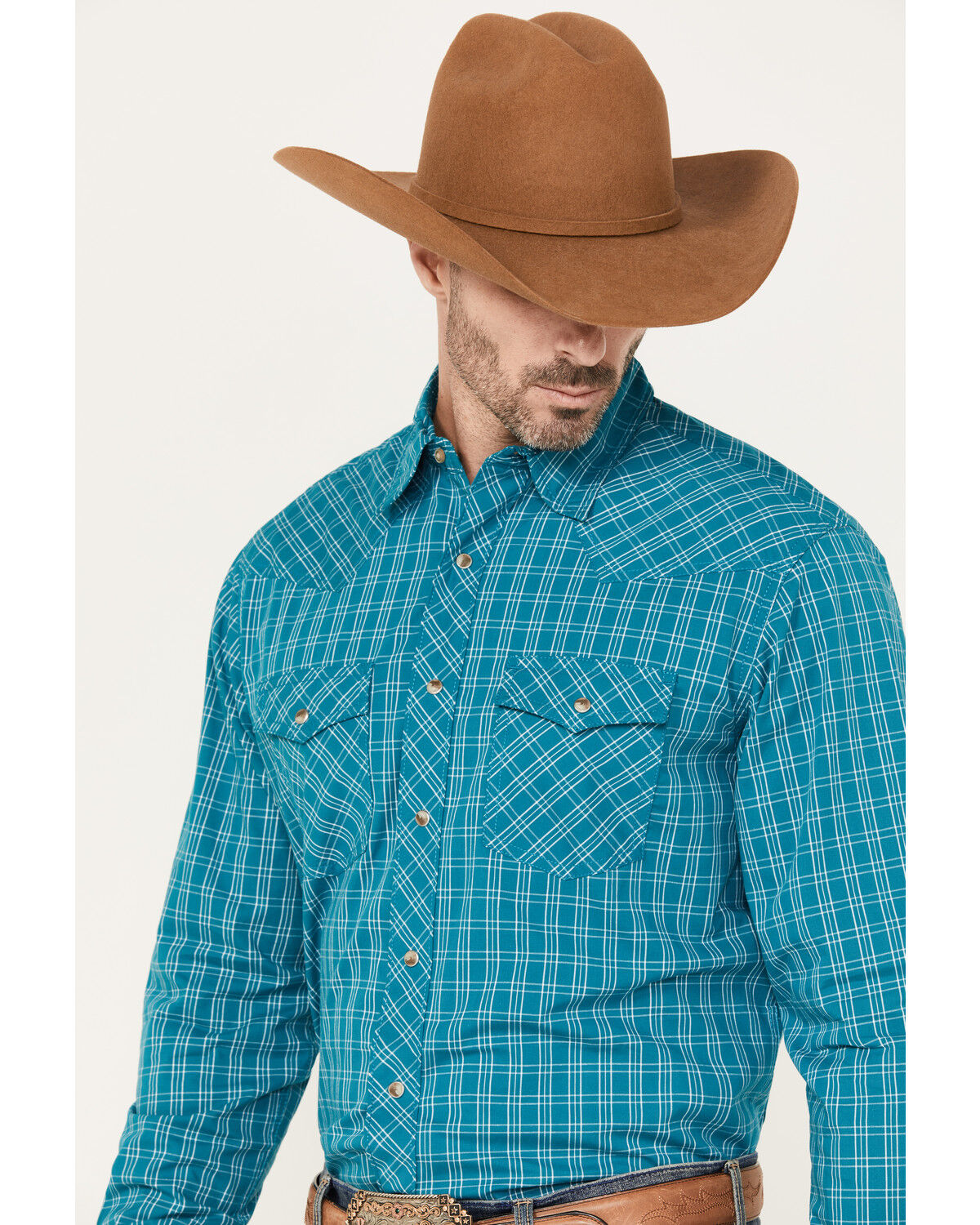 Image #2 - Wrangler 20X Men's Advanced Comfort Plaid Print Long Sleeve Snap Western Shirt, Teal, hi-res