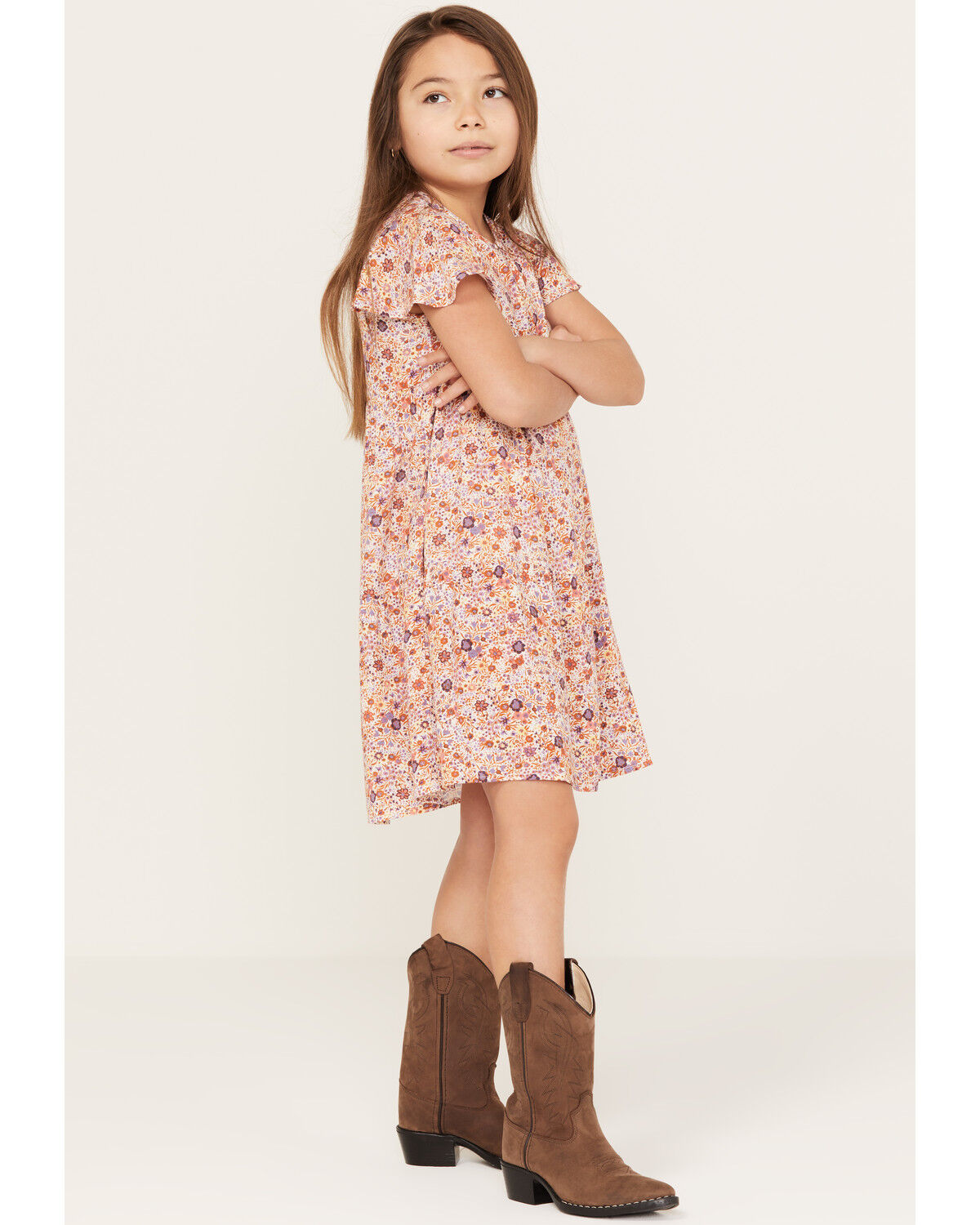 Image #1 - Shyanne Girls' Floral Printed Ruffle Mini Dress, Cream, hi-res