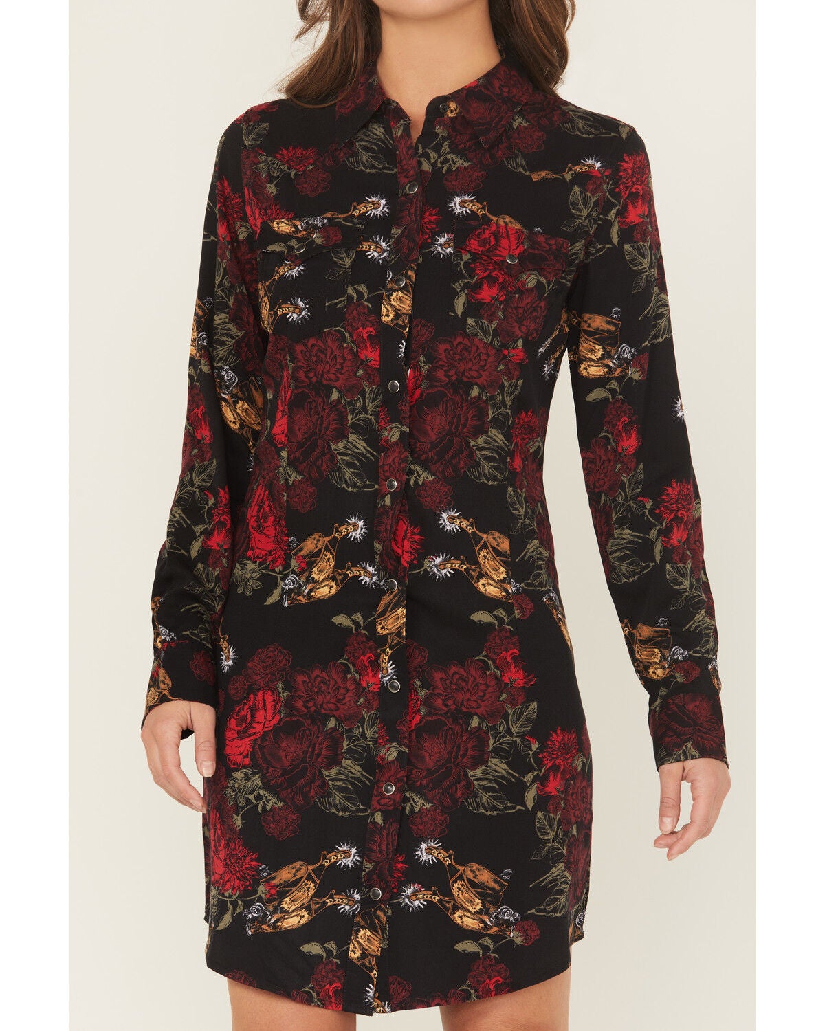 Image #3 - Wrangler Retro Women's Floral Spur Print Long Sleeve Snap Mini Dress, Black, hi-res