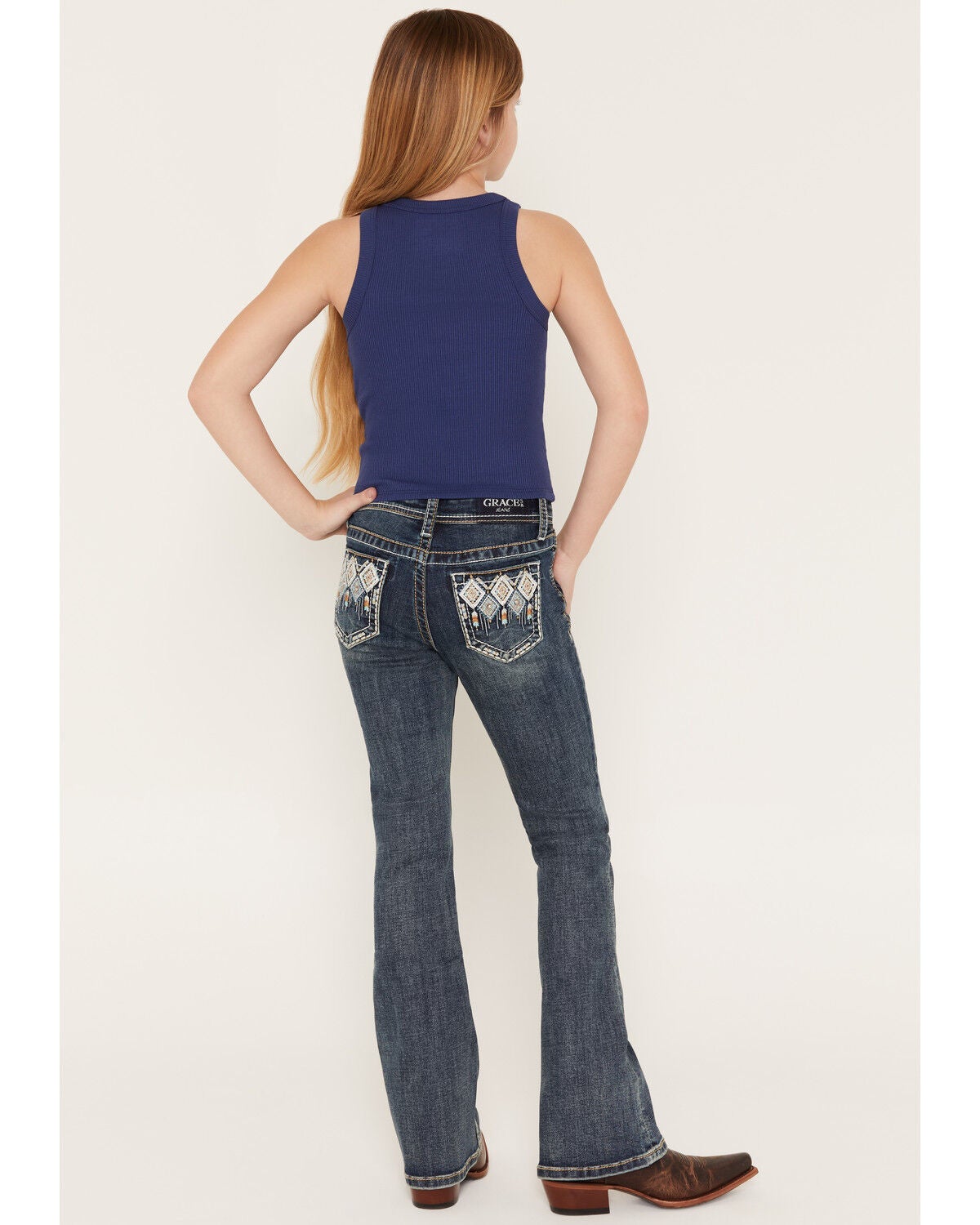 Grace in LA Girls' Medium Wash Embellished Bootcut Stretch Denim Jeans, Medium Wash, hi-res