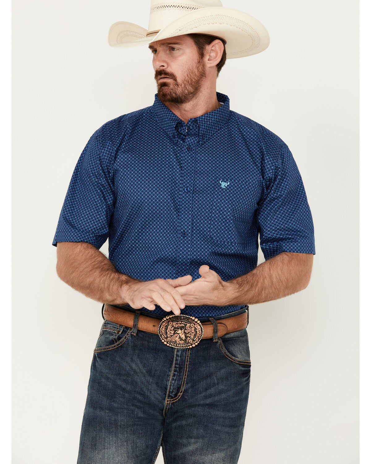 Image #1 - Cowboy Hardware Men's Boot Barn Exclusive Diamond Quilt Geo Print Short Sleeve Button-Down Western Shirt, Navy, hi-res