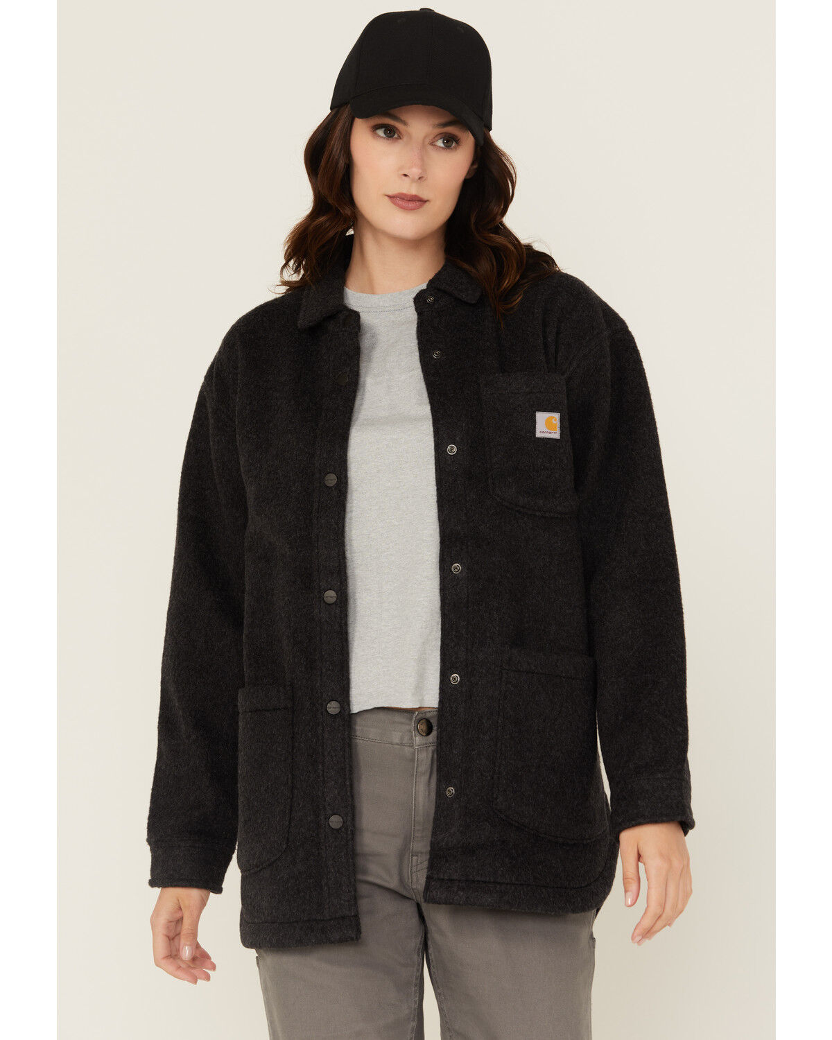 Image #1 - Carhartt Women's Loose Fit Fleece Shacket, Black, hi-res