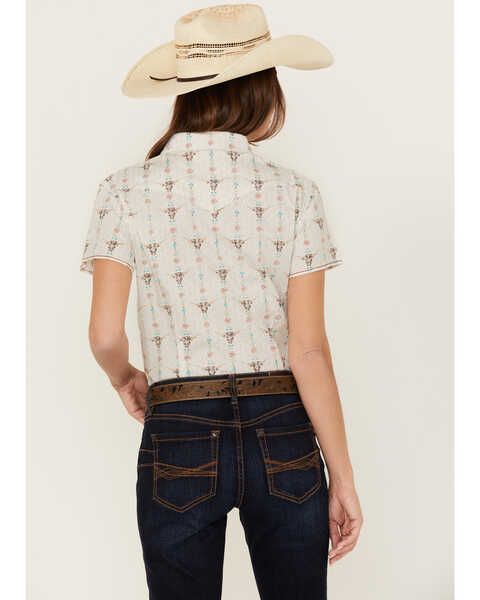 Image #4 - Rough Stock by Panhandle Women's Novelty Steer Head Print Short Sleeve Pearl Snap Stretch Western Shirt , Natural, hi-res