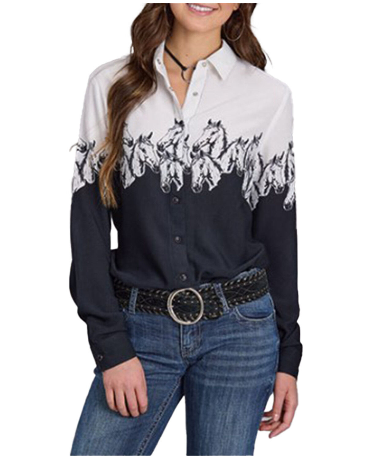 Image #1 - Roper Women's Horse Border Long Sleeve Snap Western Shirt, Black, hi-res