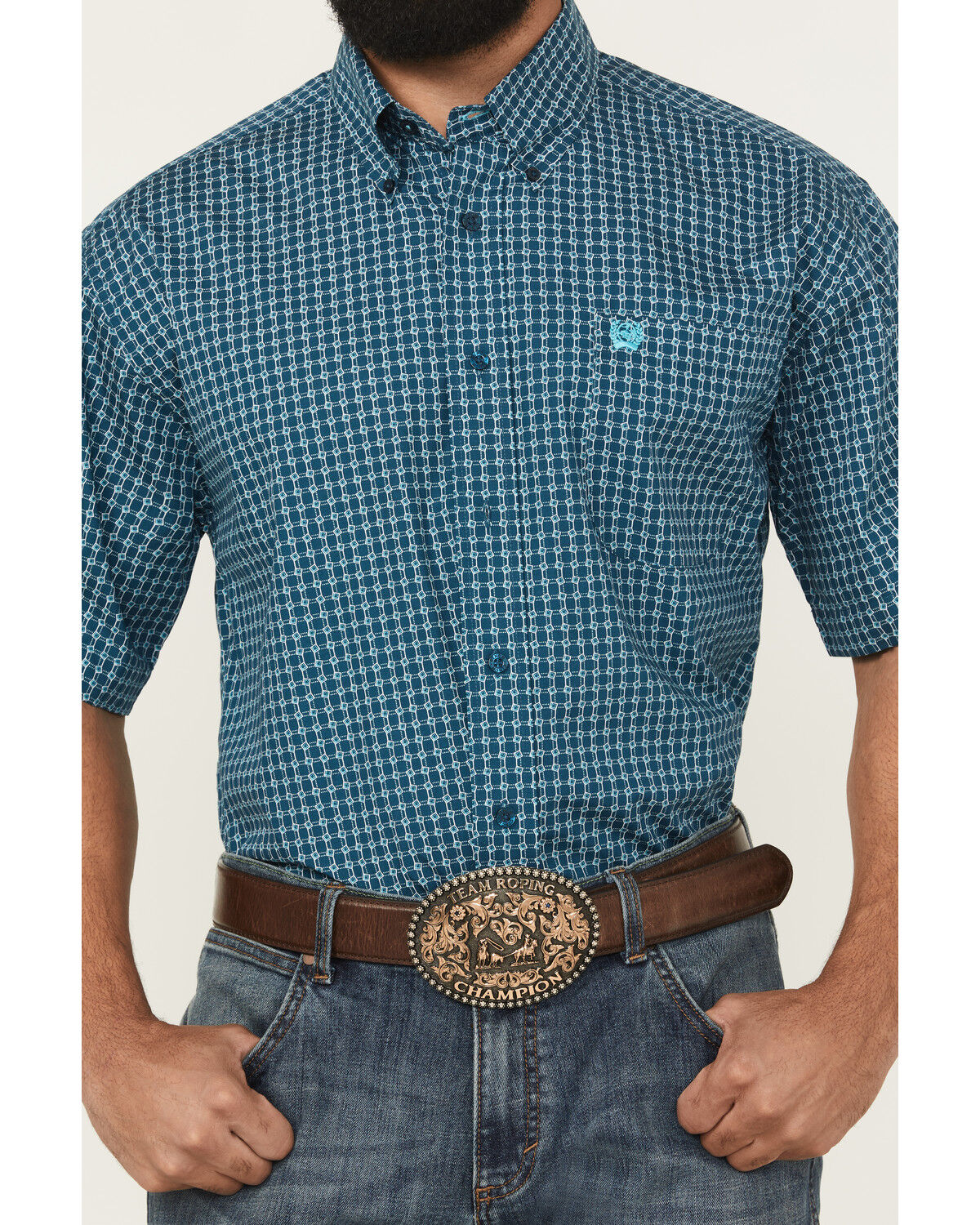 Image #3 - Cinch Men's Geo Print Short Sleeve Button-Down Western Shirt - Big, Blue, hi-res