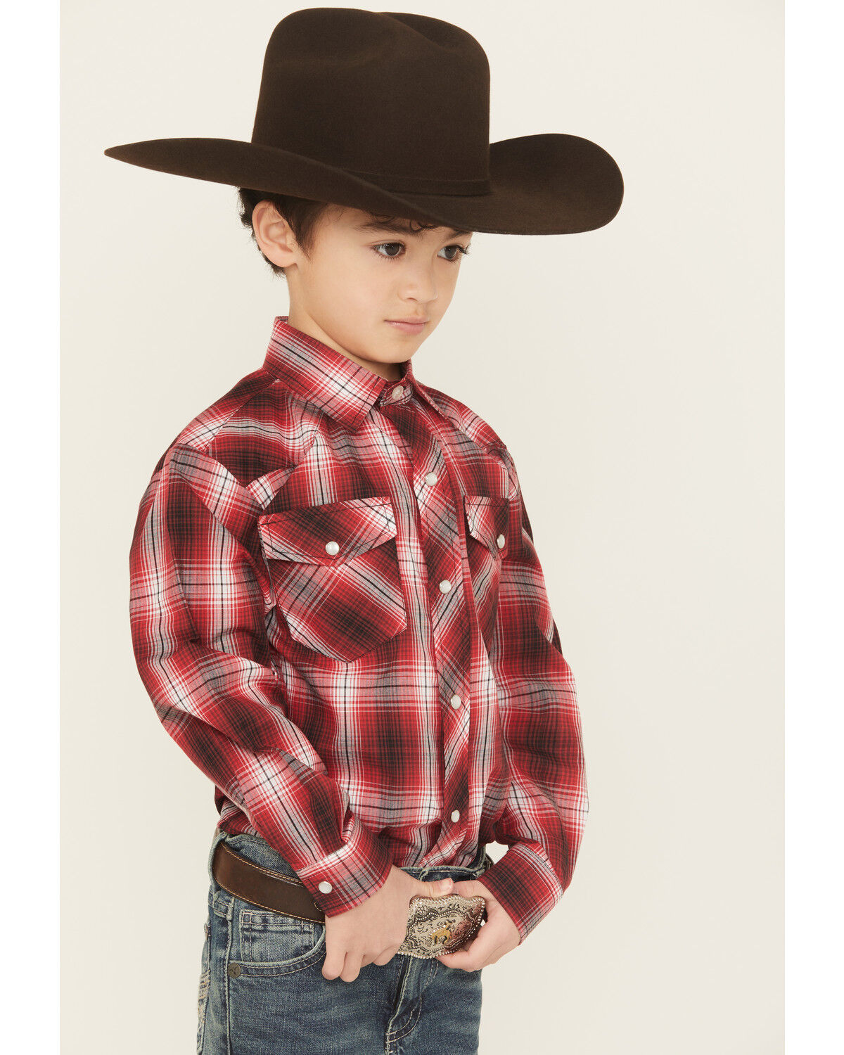 Image #2 - Roper Boys' Plaid Print Long Sleeve Pearl Snap Western Shirt, Red, hi-res