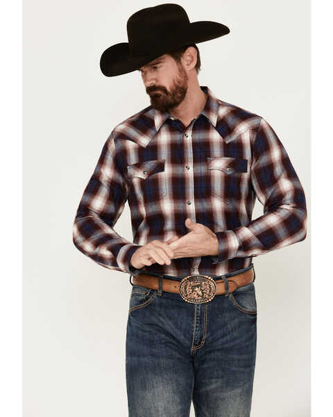 Image #1 - Cody James Men's Uncle Sam Plaid Print Long Sleeve Snap Western Shirt, Navy, hi-res