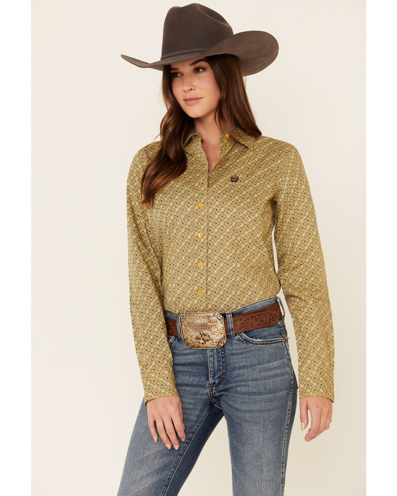 Cinch Women's Yellow Tile Print Button Front Long Sleeve Western Shirt ...