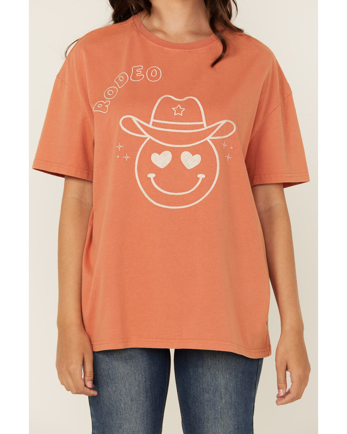 Image #3 - Blue B Women's Embroidered Smiley Rodeo Short Sleeve Graphic Tee, Orange, hi-res