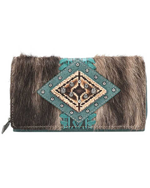 Trinity Ranch Women's Ranch Cowhide Southwestern Wallet , Turquoise, hi-res