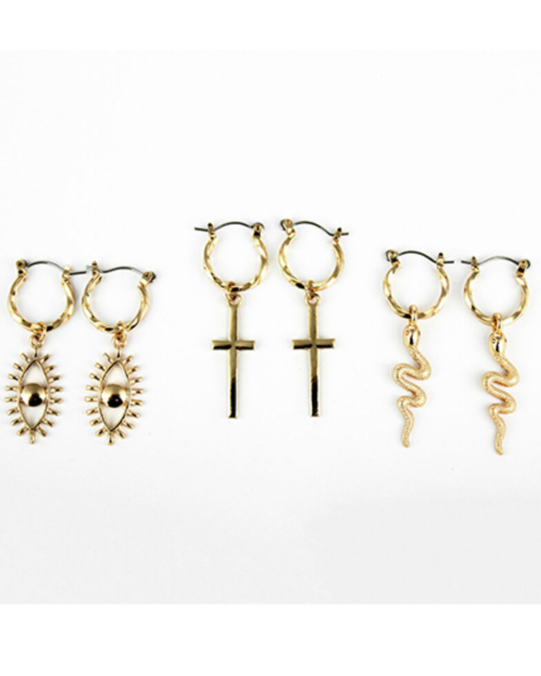 Shyanne Women's Hoop Snake Cross Charm 3-Piece Earrings Set, Gold, hi-res