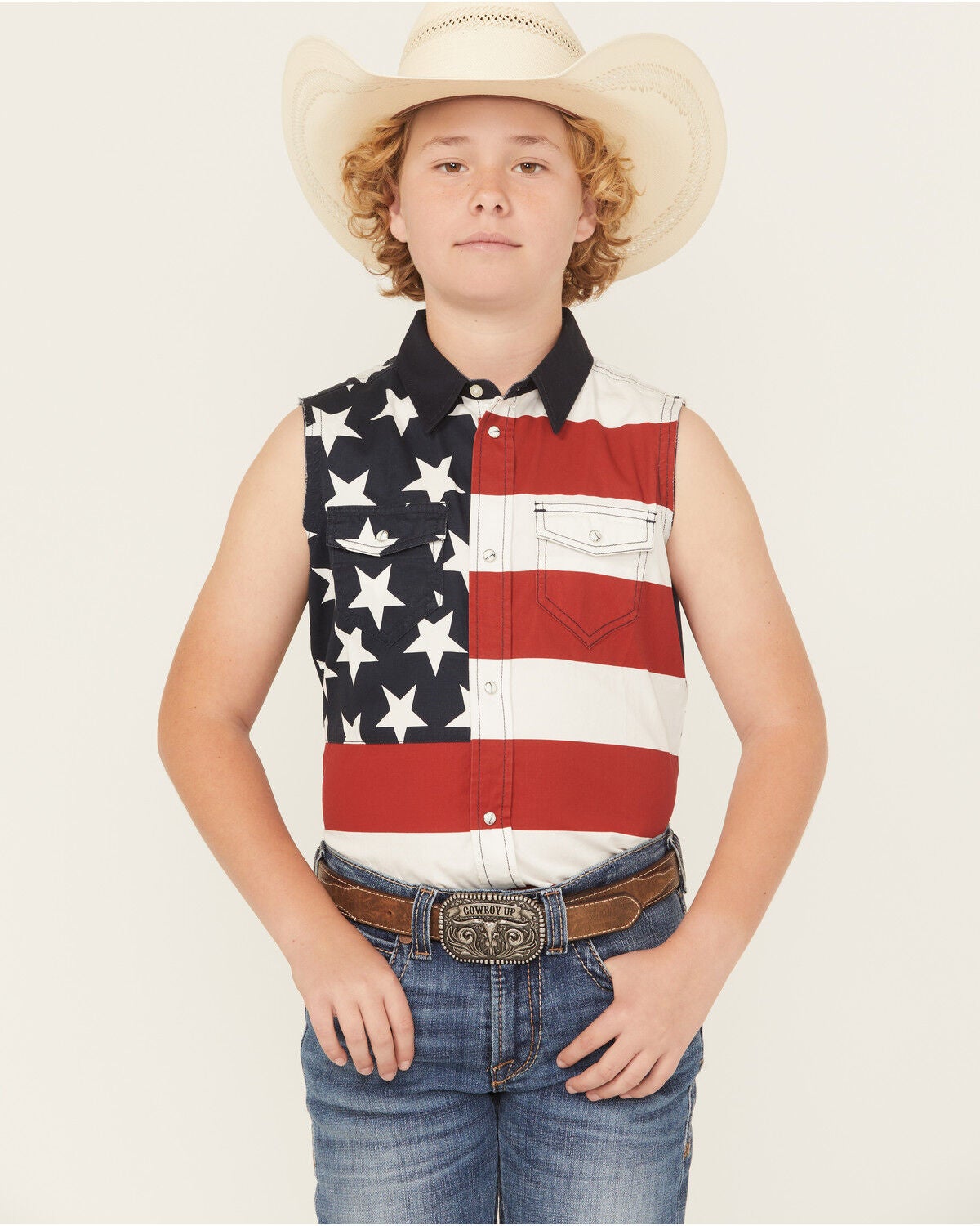 Cody James Boys' 2nd Amendment Bubba Sleeveless Snap Western Shirt, Red, hi-res