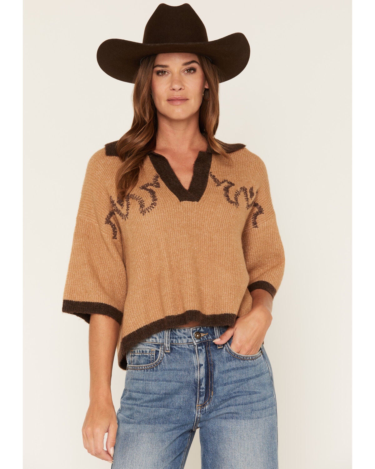 Image #1 - By Together Women's Short Sleeve Sweater, Camel, hi-res