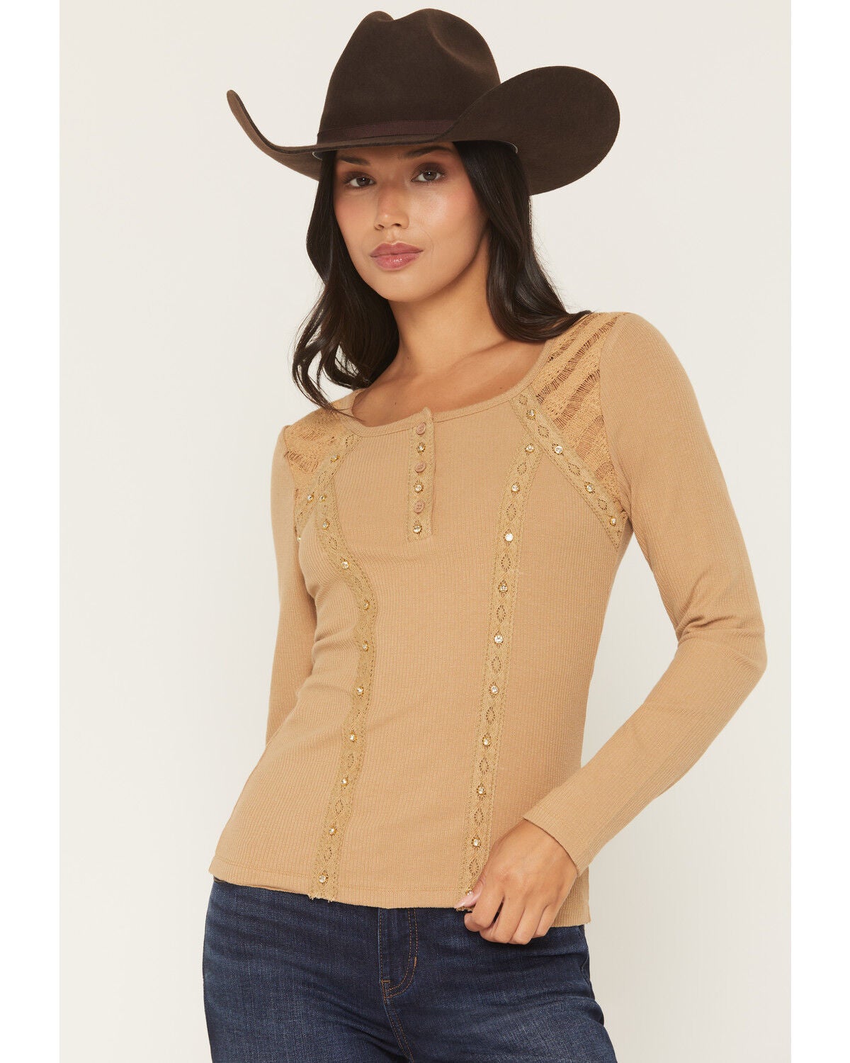 Miss Me Women's Embellished Lace Long Sleeve Shirt, Brown, hi-res