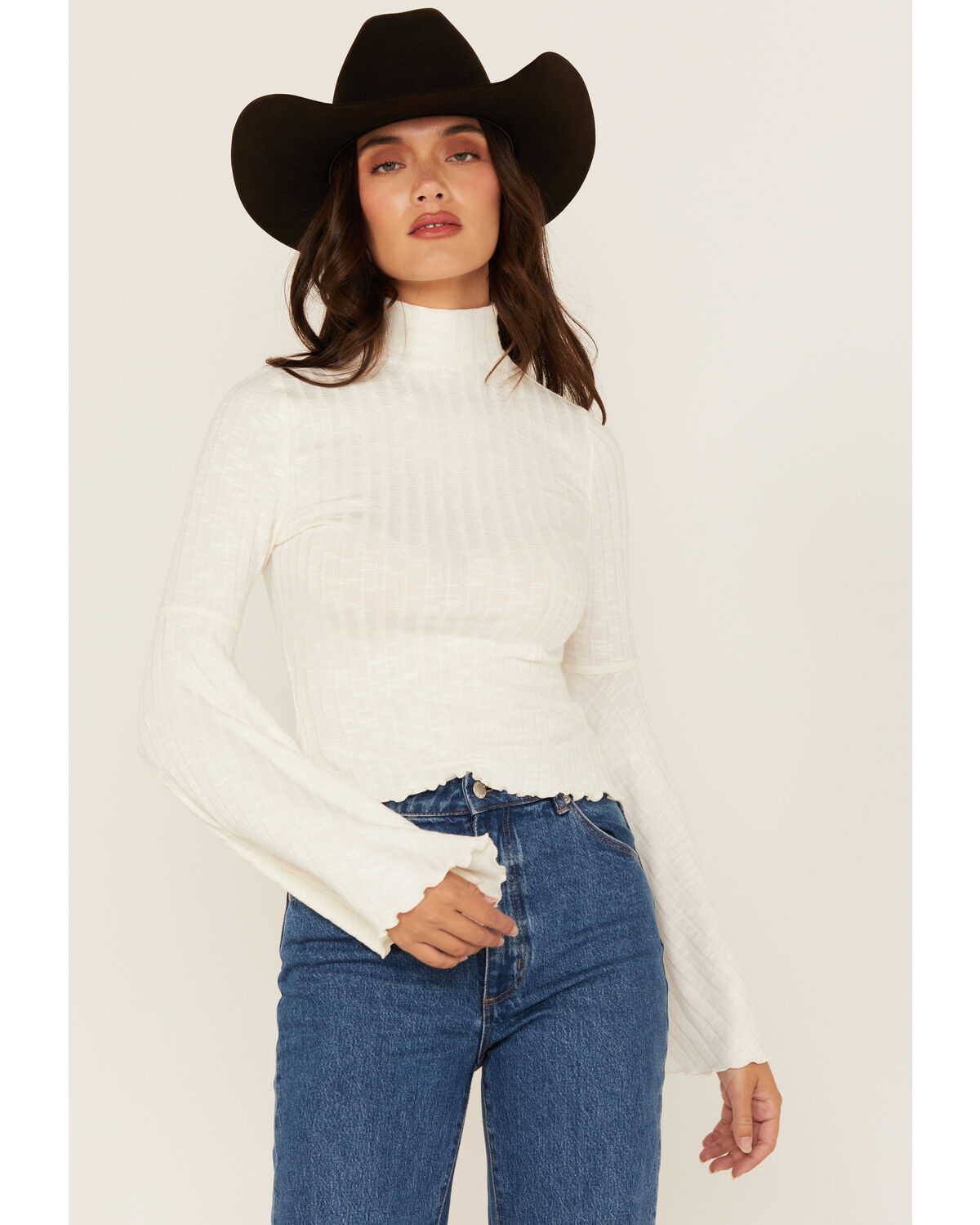Image #1 - Shyanne Women's Mock Neck Long Bell Sleeve Top, Cream, hi-res