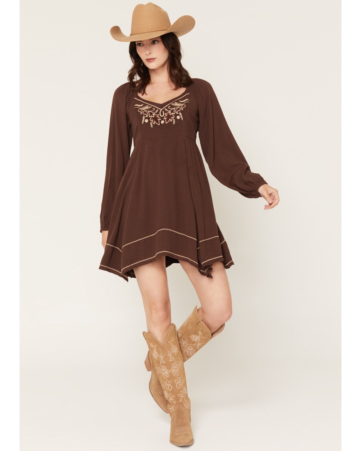 Image #1 - Shyanne Women's Piper Hanky Hem Embroidered Long Sleeve Mini Dress, Dark Brown, hi-res