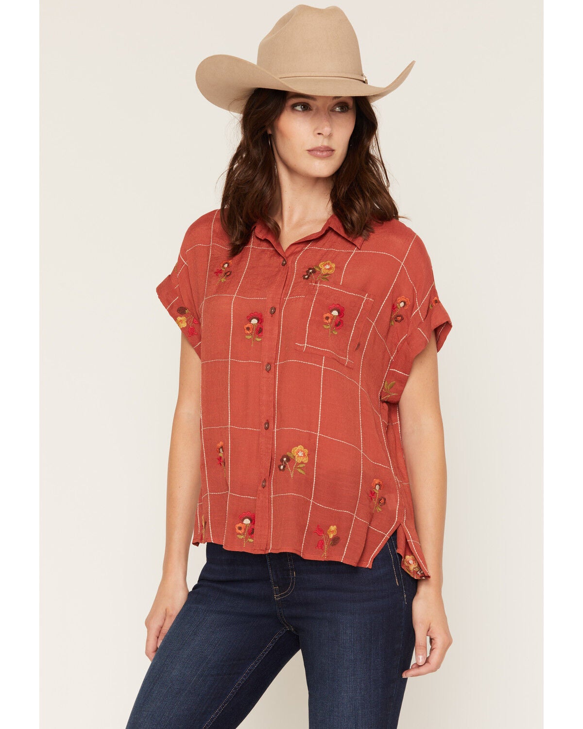 Olive Hill Women's Boot Barn Exclusive Floral Embroidered Short Sleeve Button-Down Western Shirt, Rust Copper, hi-res
