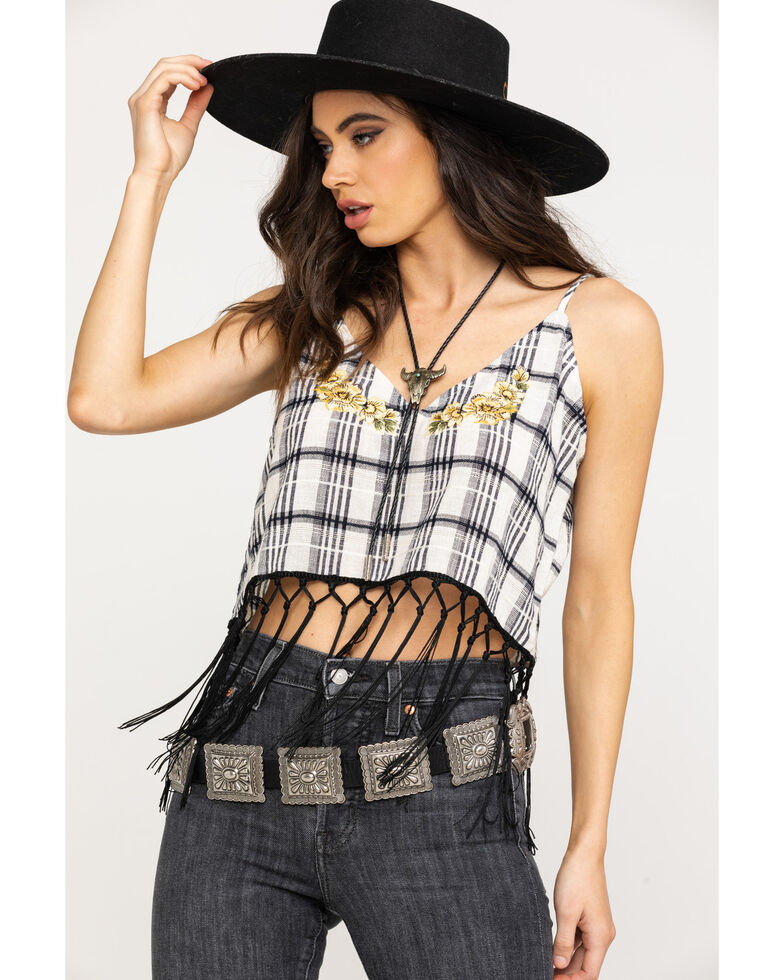 Shyanne Women's Plaid Embroidered Floral Fringe Crop Top, Black/white, hi-res