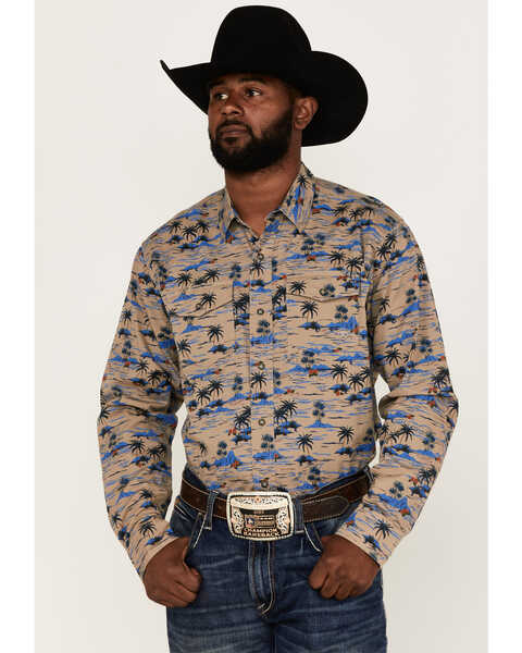 Image #1 - Ariat Men's Hart Retro Tropical Print Long Sleeve Snap Western Shirt , Tan, hi-res