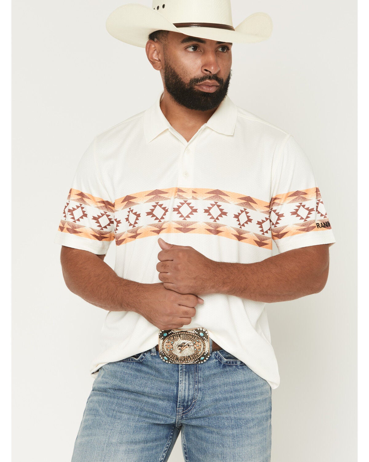 Image #1 - RANK 45&reg; Men's Josey Southwestern Border Short Sleeve Button-Down Polo Shirt, Cream, hi-res