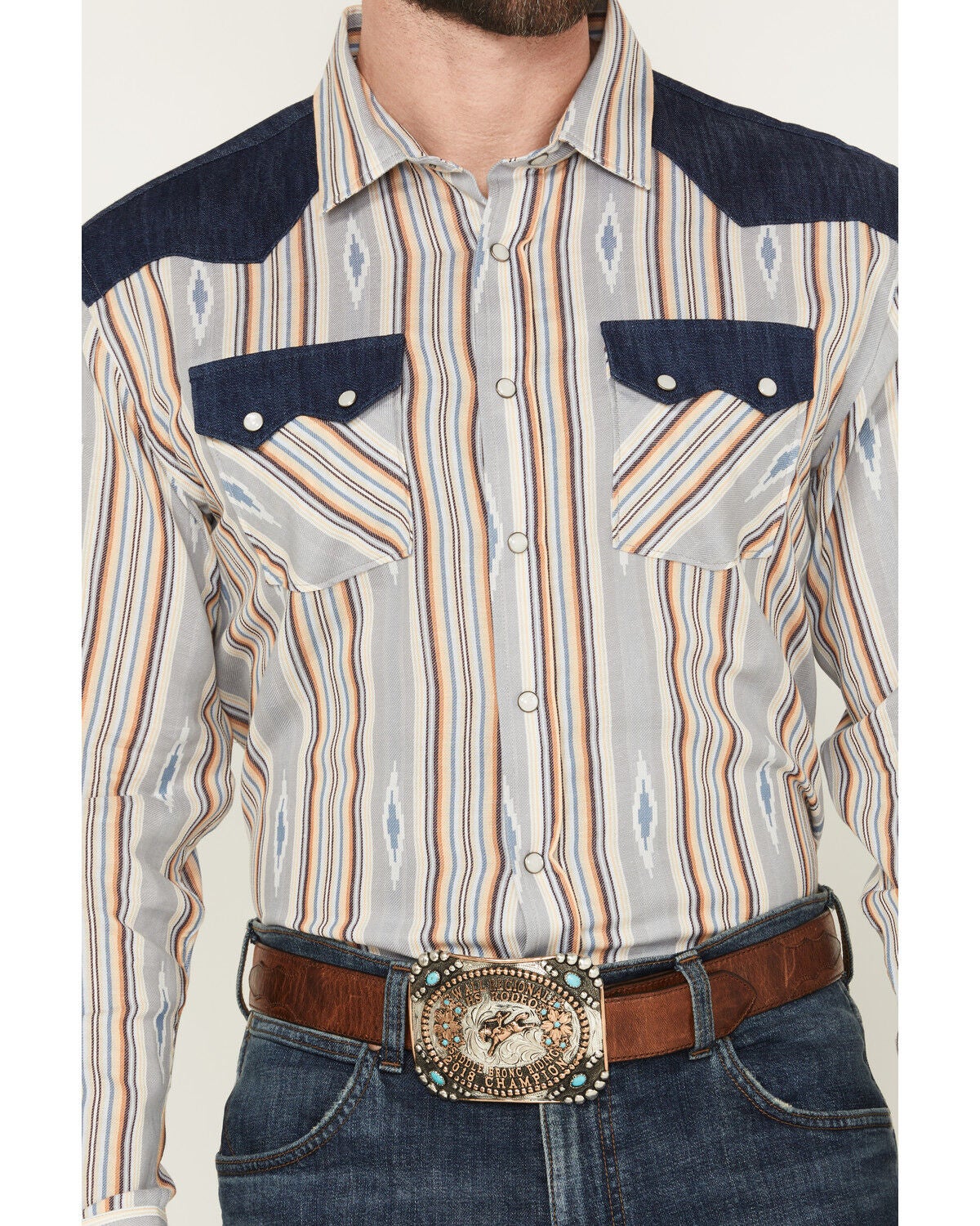 Image #3 - Panhandle Men's Southwestern Striped Long Sleeve Snap Western Shirt, Natural, hi-res