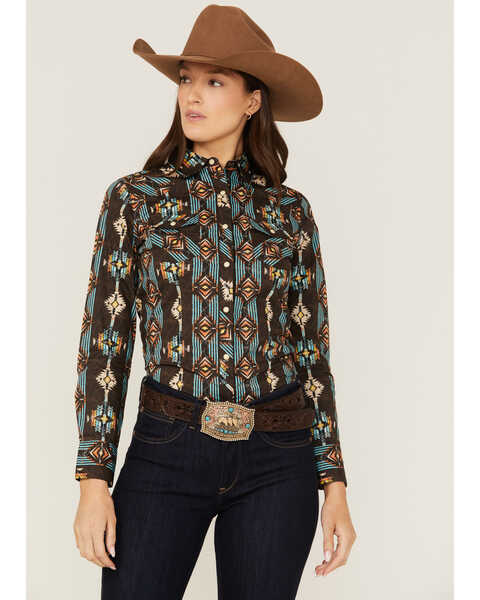 Image #1 - Panhandle Women's Southwestern Print Long Sleeve Snap Western Shirt, Brown, hi-res