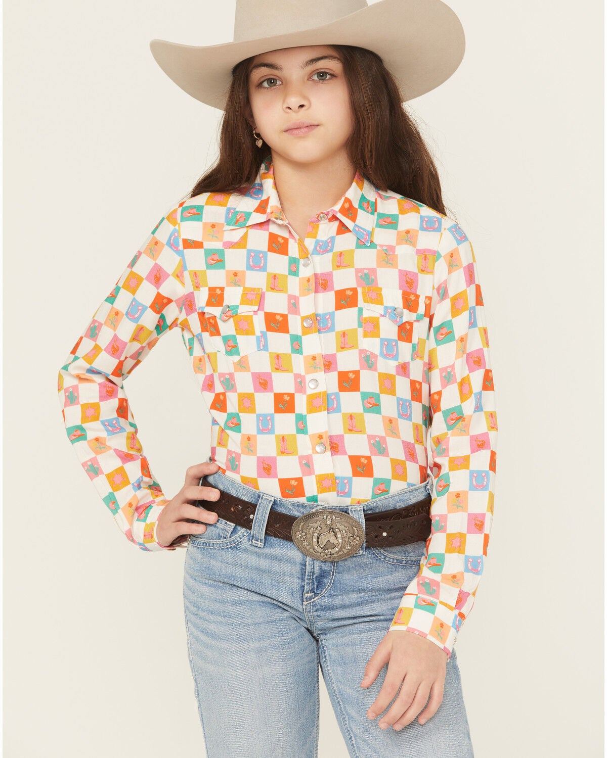 Roper Girls' Western Checkered Long Sleeve Pearl Snap Western Shirt, Multi, hi-res