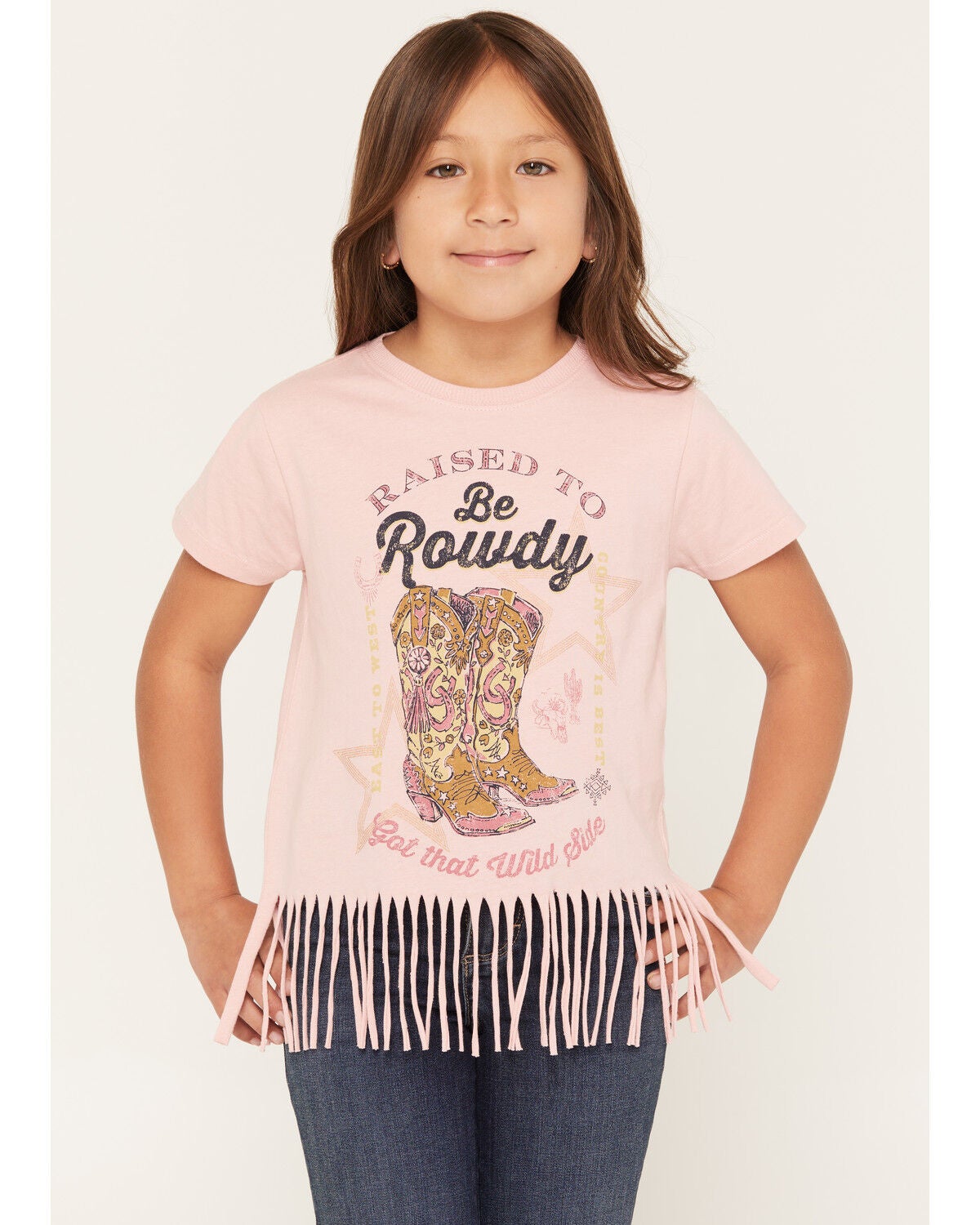 Shyanne Girls' Raised To Be Rowdy Short Sleeve Fringe Graphic Tee, Light Pink, hi-res