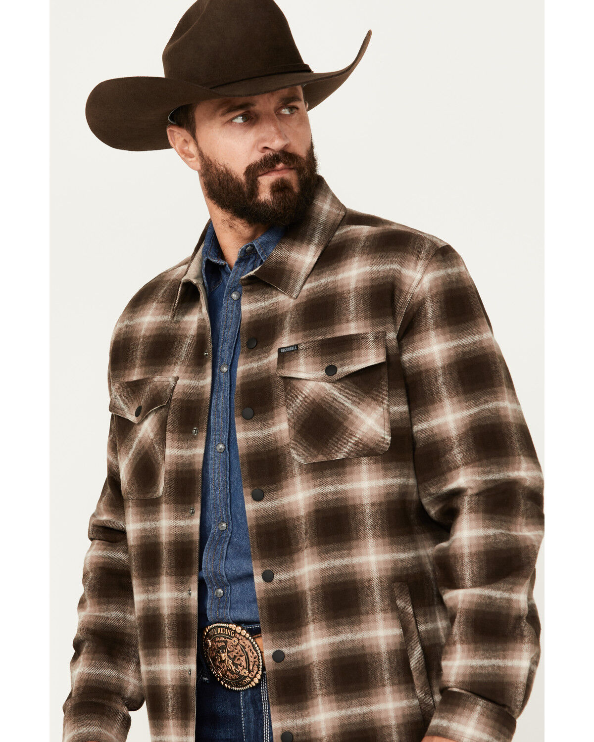 Image #2 - Rock & Roll Denim Men's Plaid Print Snap Shacket, Dark Brown, hi-res
