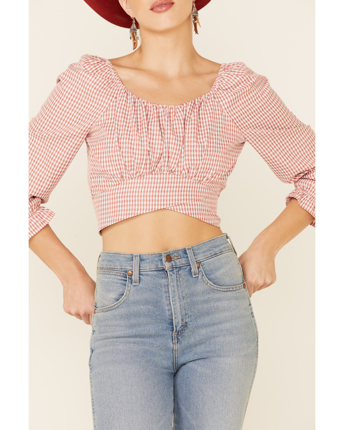 Image #3 - Beyond The Radar Women's Gingham Print Tie Back Crop Top, Rust Copper, hi-res