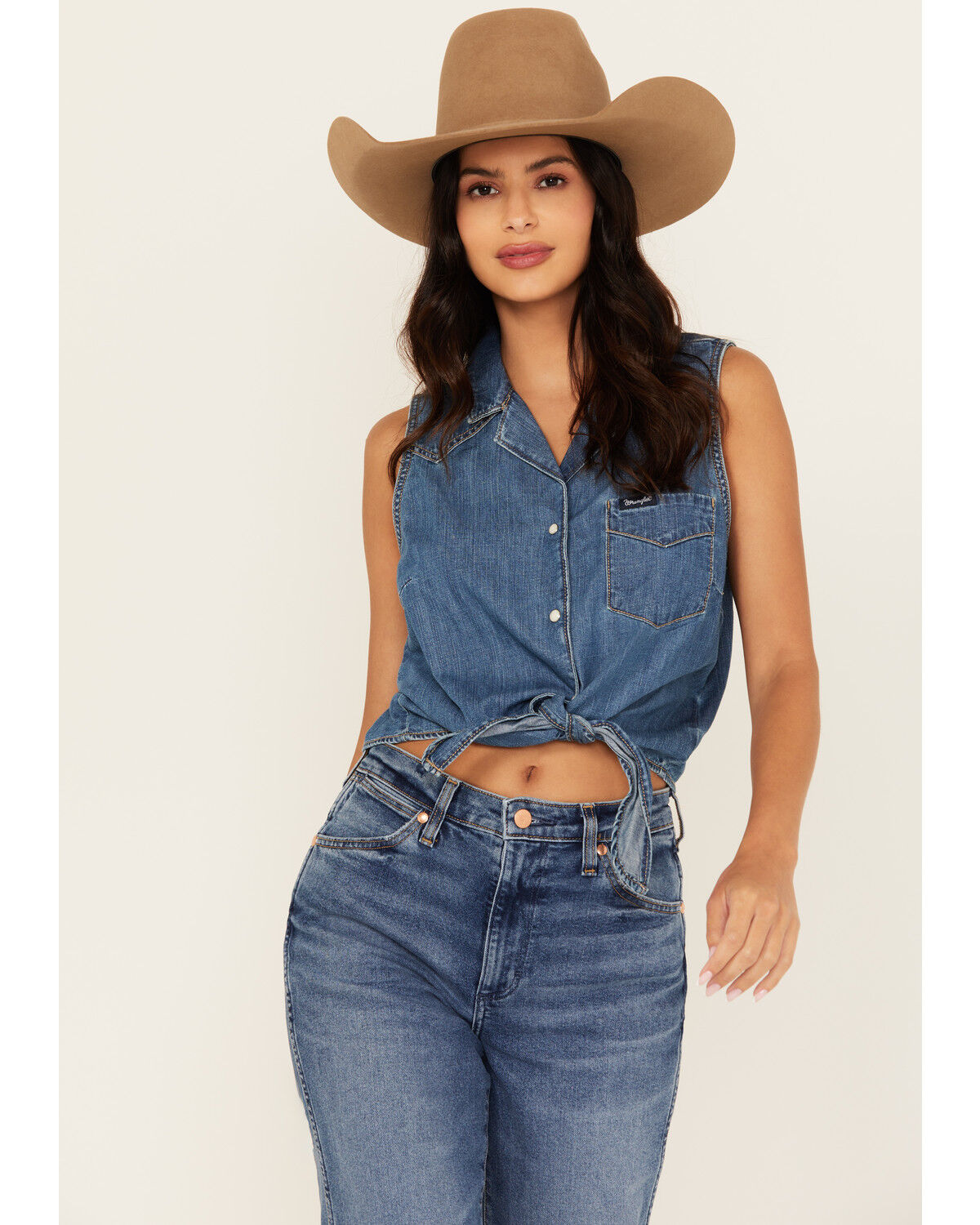 Image #1 - Wrangler Retro Women's Dark Wash Tie-Front Sleeveless Snap Western Shirt, Dark Wash, hi-res