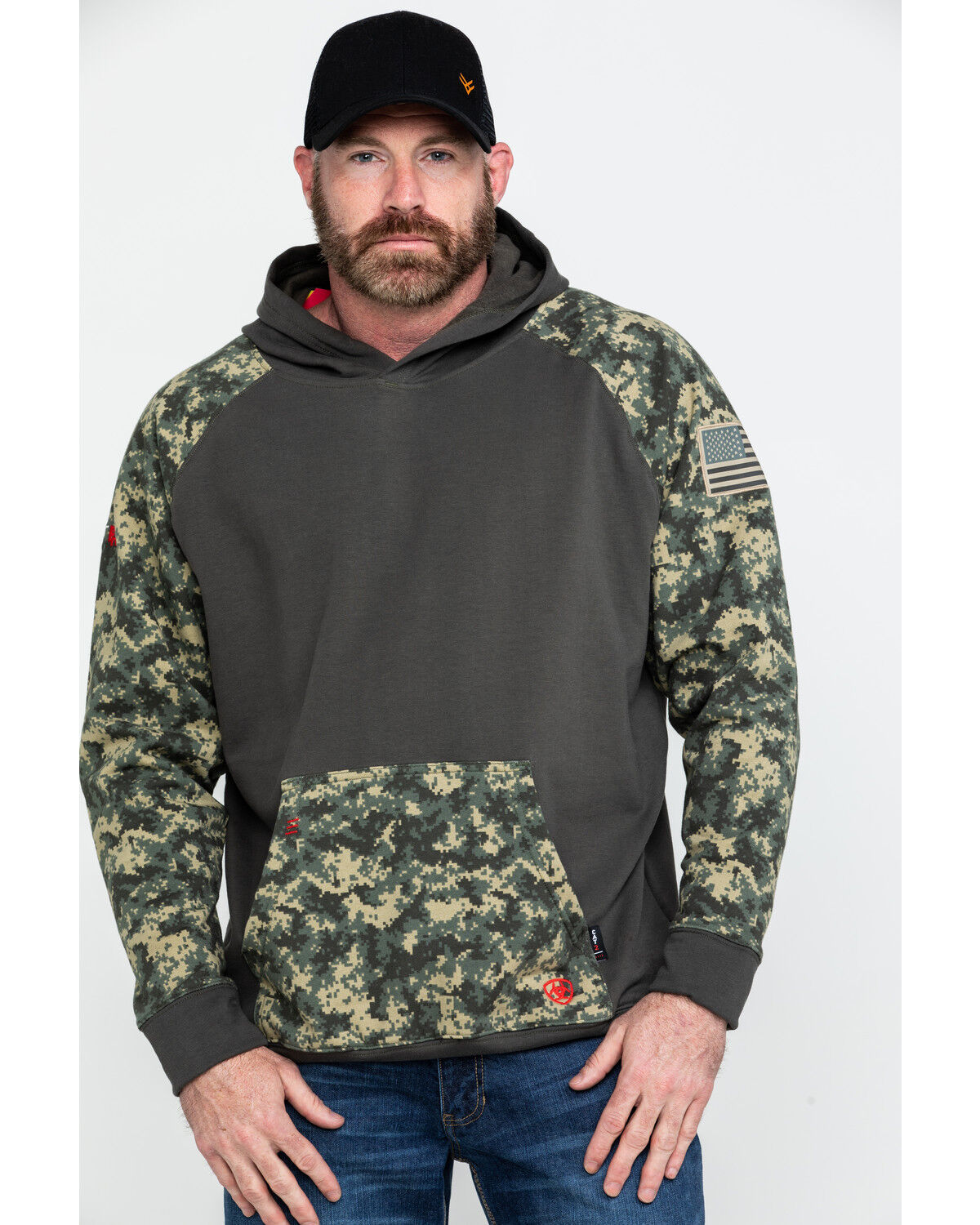 Image #1 - Ariat Men's FR Durastretch Camo Patriot Work Hooded Sweatshirt, Camouflage, hi-res