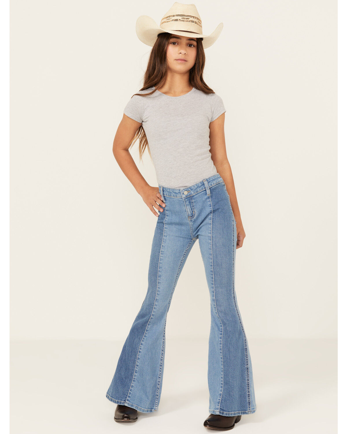 Image #1 - Shyanne Girls' Seraphina Medium Wash Blocked Flare Comfort Stretch Denim Jeans, Medium Wash, hi-res