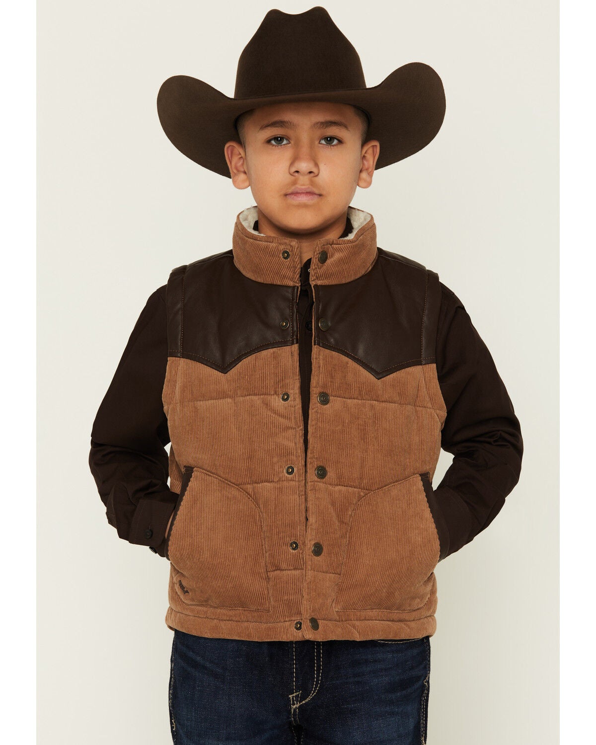 Image #1 - Cody James Boys' Lonoke Corduroy Faux Leather Vest, Tan, hi-res