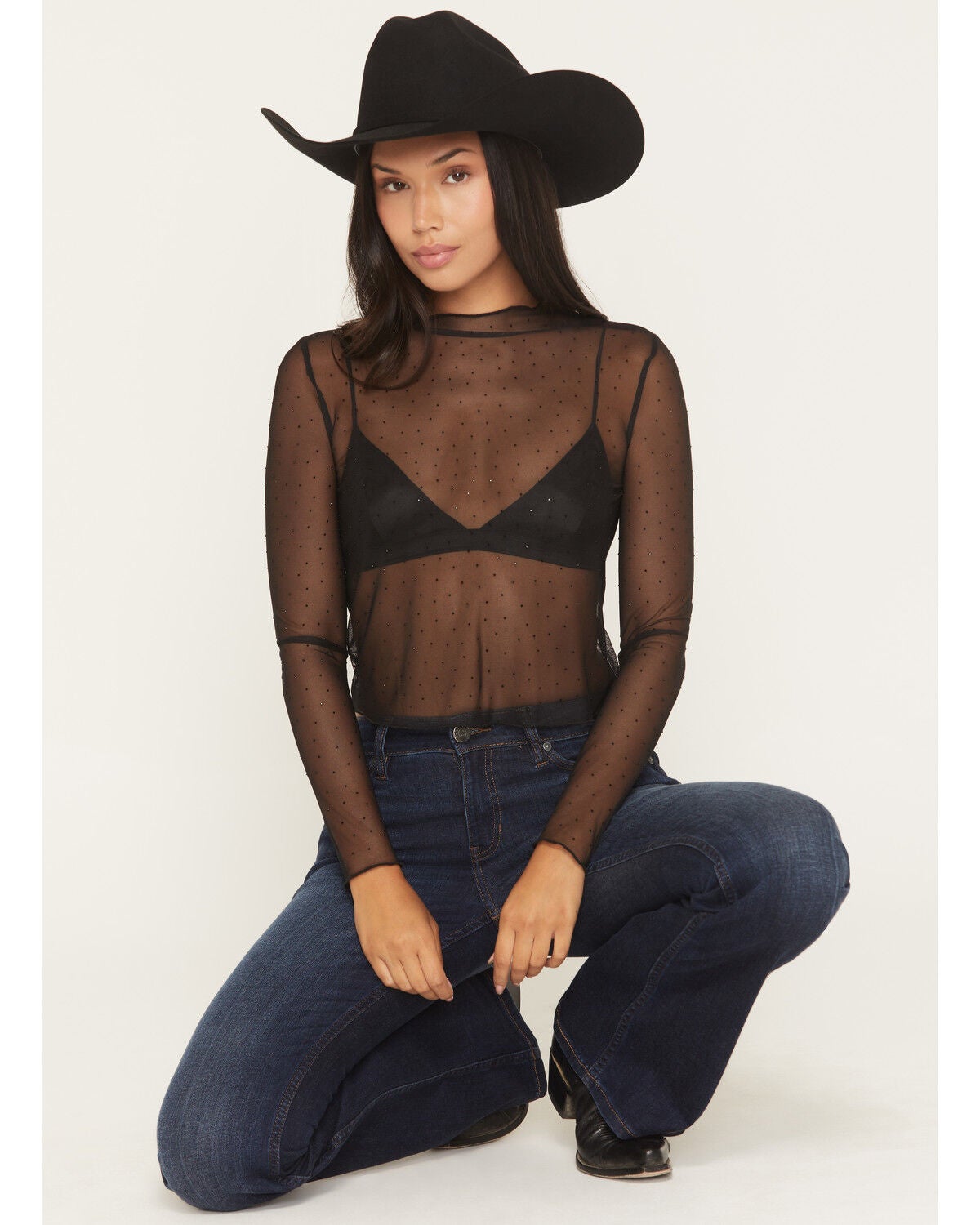 Image #1 - Rock & Roll Denim Women's Rhinestone Mesh Long Sleeve Cropped Shirt, Black, hi-res