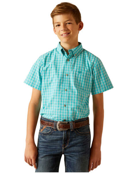 Ariat Boys' Pro Jensen Plaid Print Short Sleeve Button-Down Western Shirt , Turquoise, hi-res
