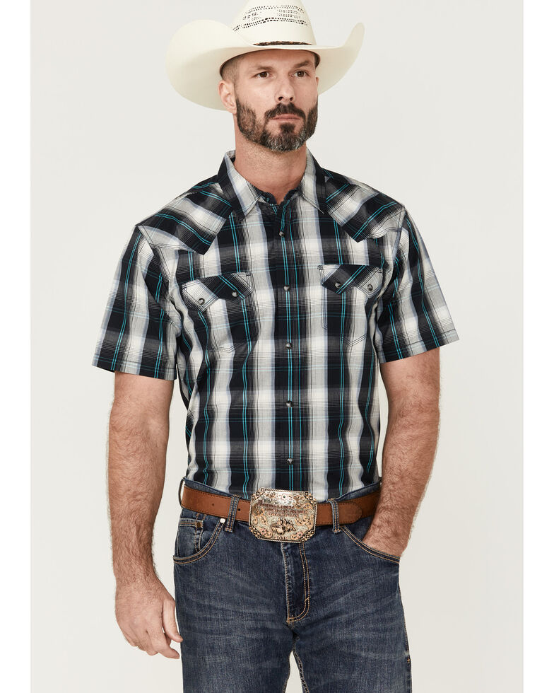 Moonshine Spirit Men's Fire Line Large Plaid Short Sleeve Snap Western Shirt , Navy, hi-res