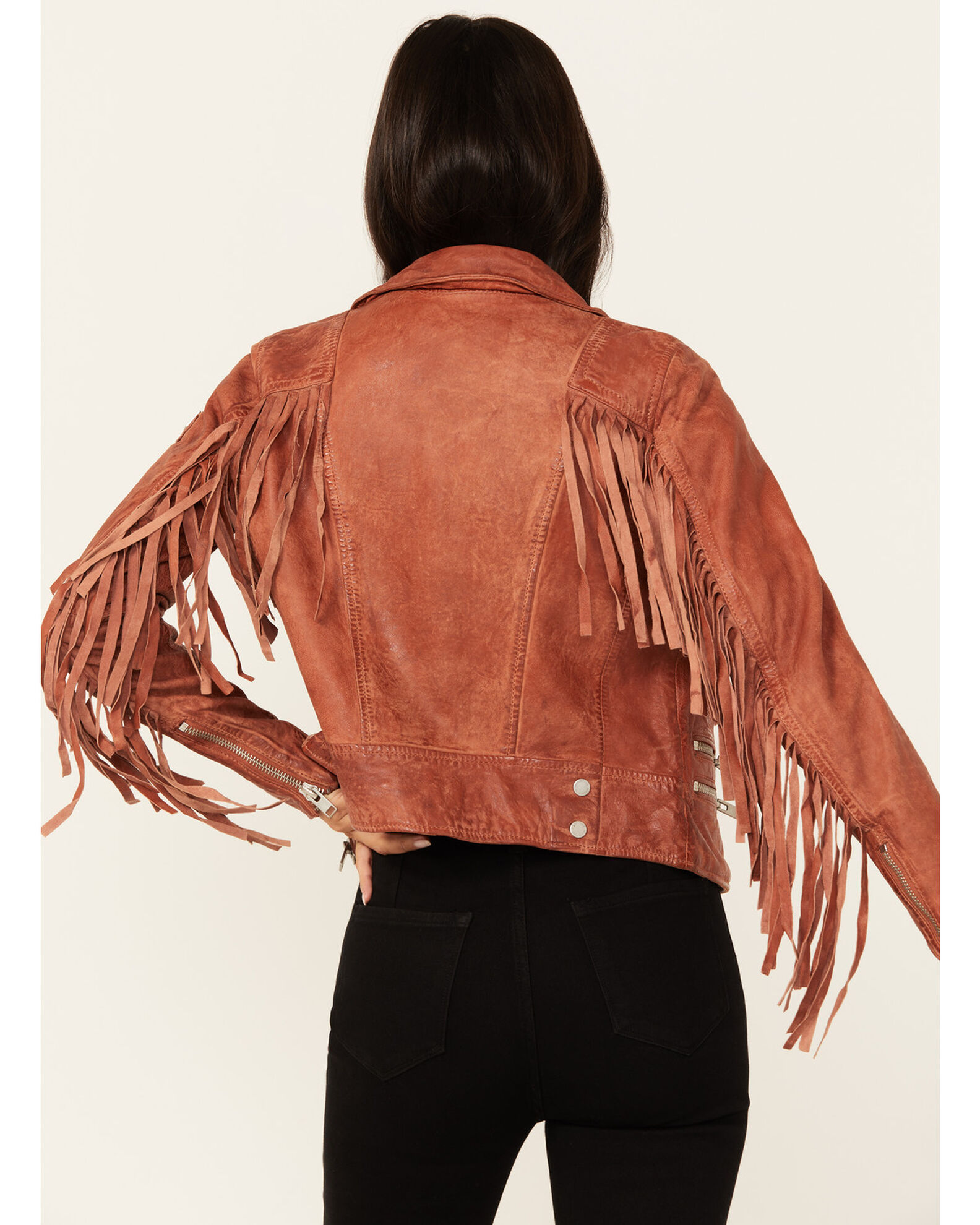 Mauritius Leather Women s Zoe RF Fringe Sleeve Leather Moto Jacket Sheplers