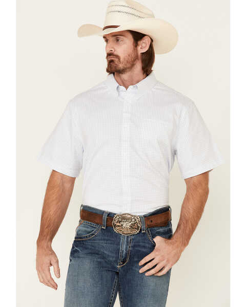 Image #1 - Cody James Core Men's Wichita Small Plaid Short Sleeve Button Down Western Shirt - Tall , Light Blue, hi-res