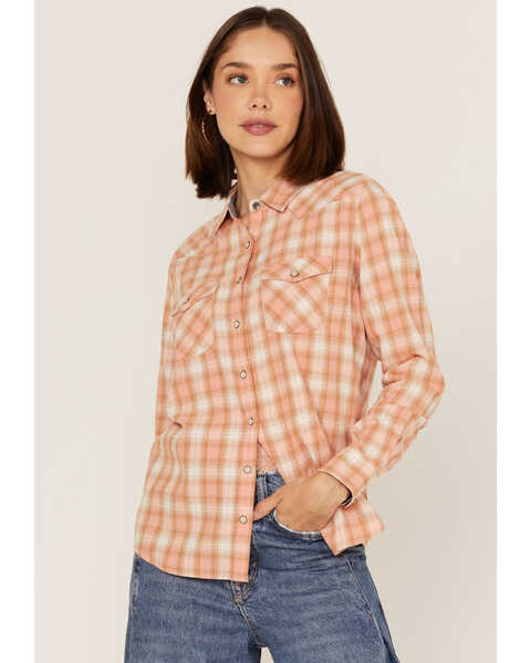 Image #3 - Flag & Anthem Women's Plaid Print Long Sleeve Snap Western Shirt, Peach, hi-res
