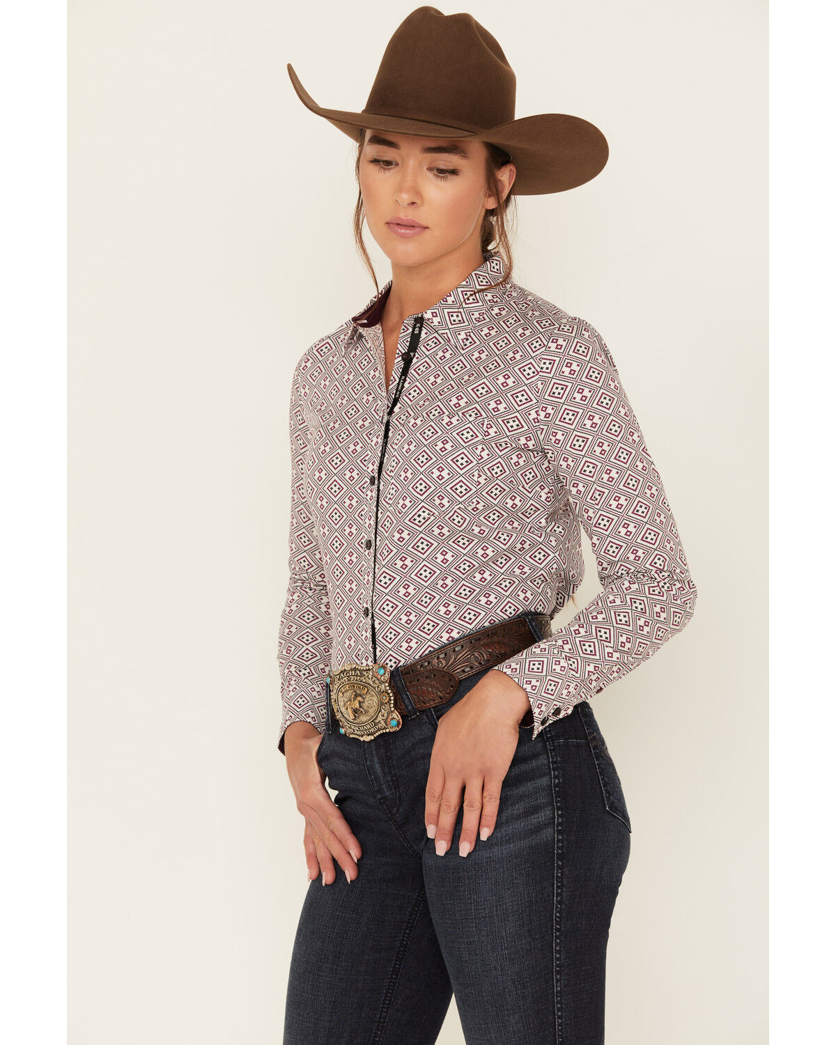Image #2 - RANK 45® Women's Geo Print Long Sleeve Button-Down Stretch Riding Shirt, Ivory, hi-res
