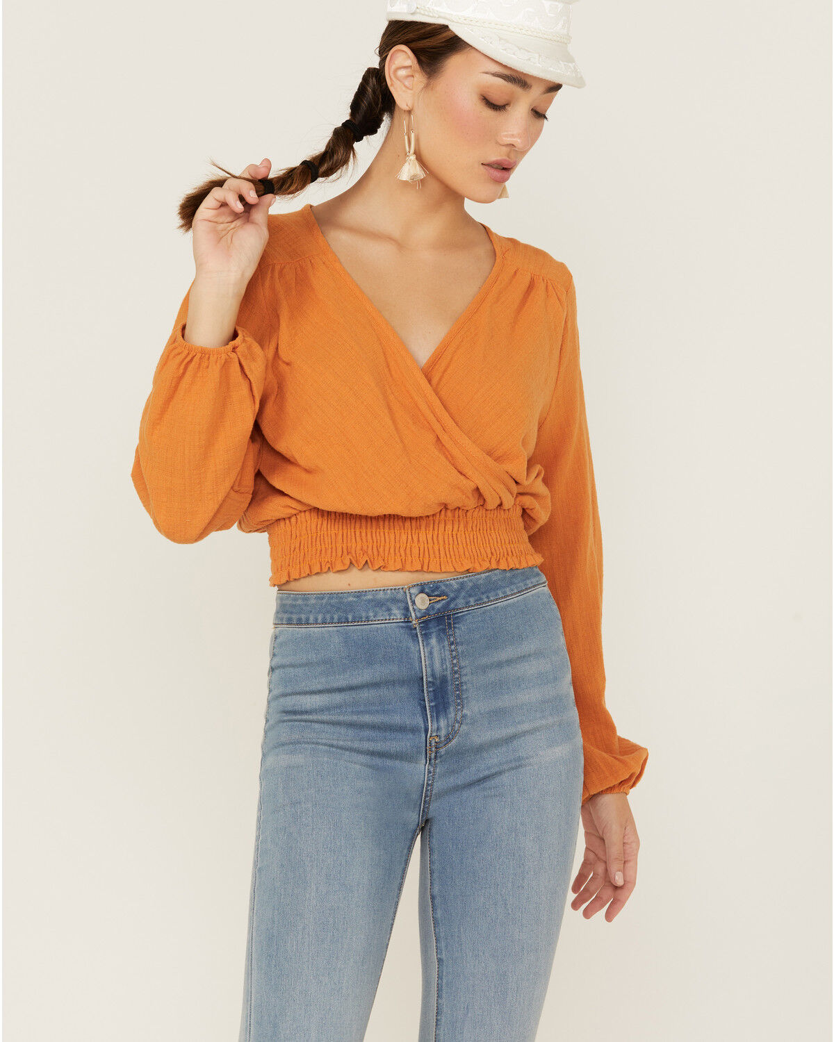 Image #1 - Saints & Hearts Women's Long Sleeve Surplice Smocked Waist Crop Top, Gold, hi-res