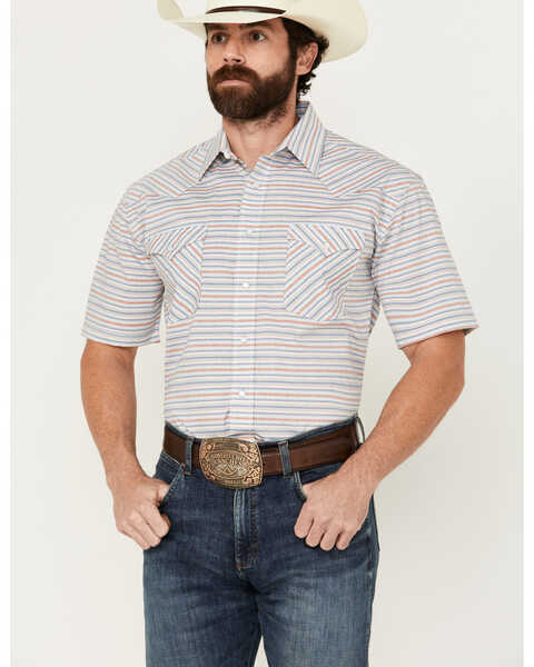 Image #1 - Panhandle Men's Serape Striped Short Sleeve Pearl Snap Western Shirt , Cream, hi-res