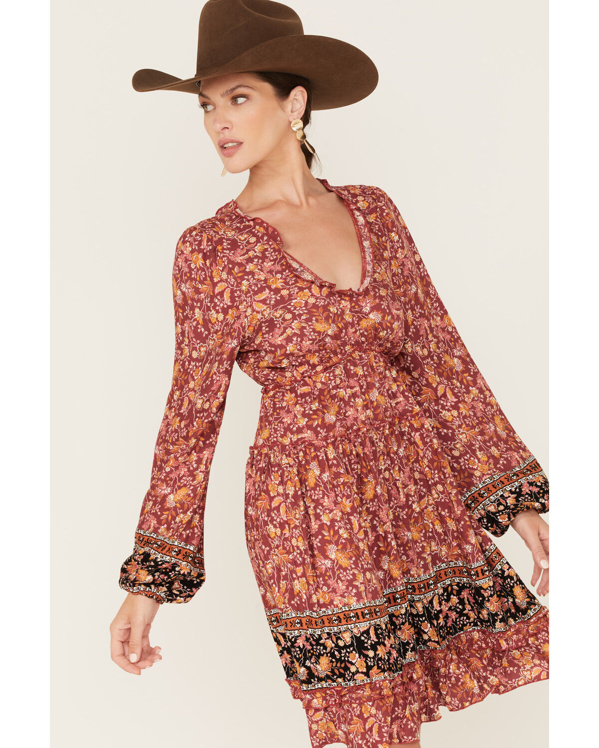 Image #2 - Wild Moss Women's Floral Print Long Sleeve Mini Dress, Rust Copper, hi-res