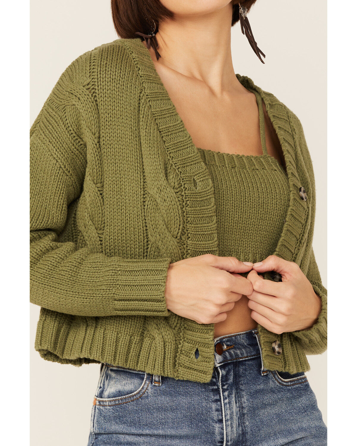Image #2 - Callahan Women's Sage Olive Cable Lu Cardigan & Tank Set, Olive, hi-res