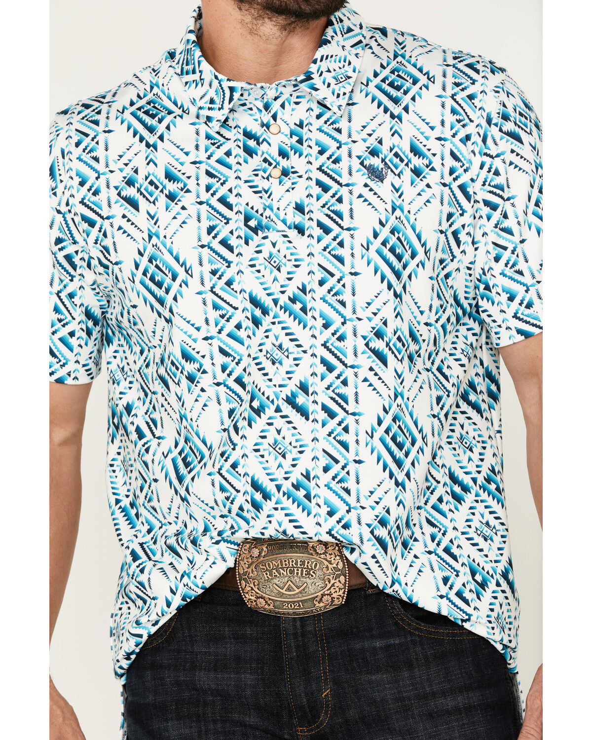 Image #3 - Panhandle Men's Southwestern Print Short Sleeve Performance Polo Shirt, White, hi-res