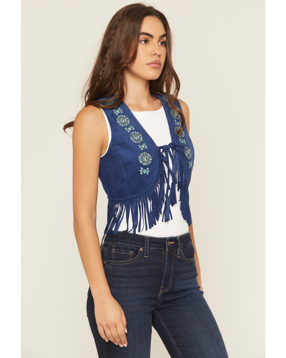 Image #2 - Shyanne Women's Embroidered Faux Suede Cropped Vest, Navy, hi-res