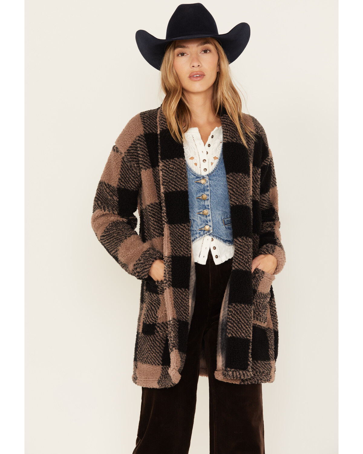 Image #2 - Stillwater Supply Women's Buffalo Check Print Sherpa Cardigan, , hi-res