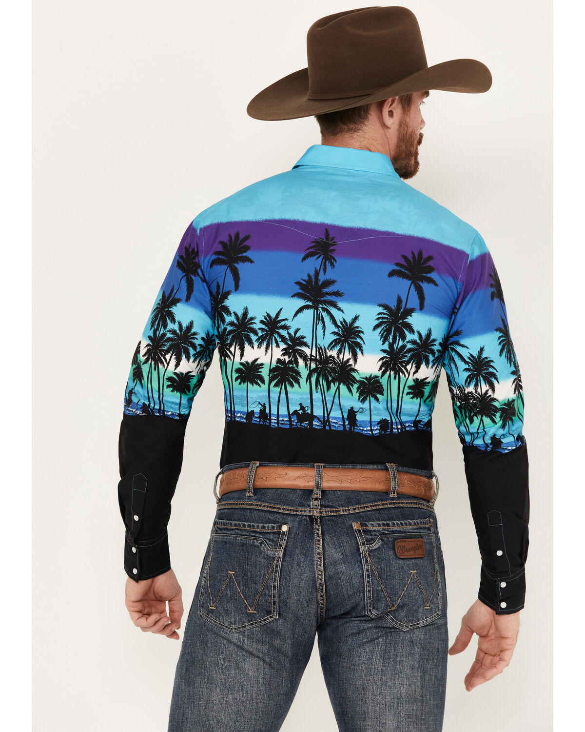 Image #4 - Roper Men's Vintage Palm Tree Beach Print Long Sleeve Pearl Snap Western Shirt, Blue, hi-res